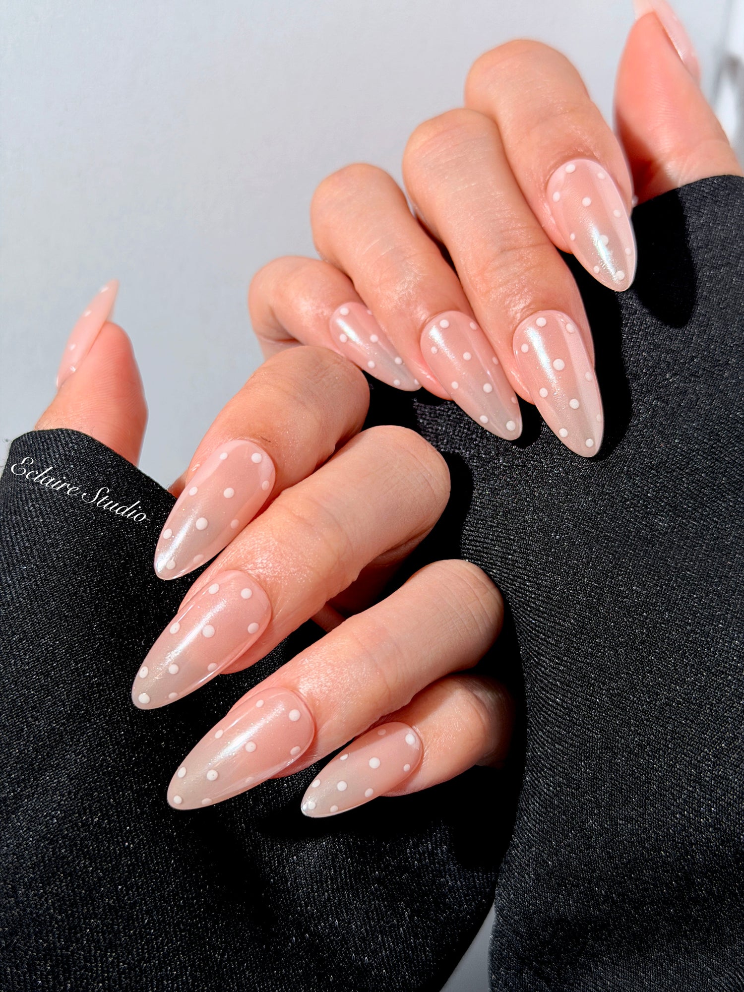 best Minimalist nude chrome almond press on nails with white dot detailing inspired