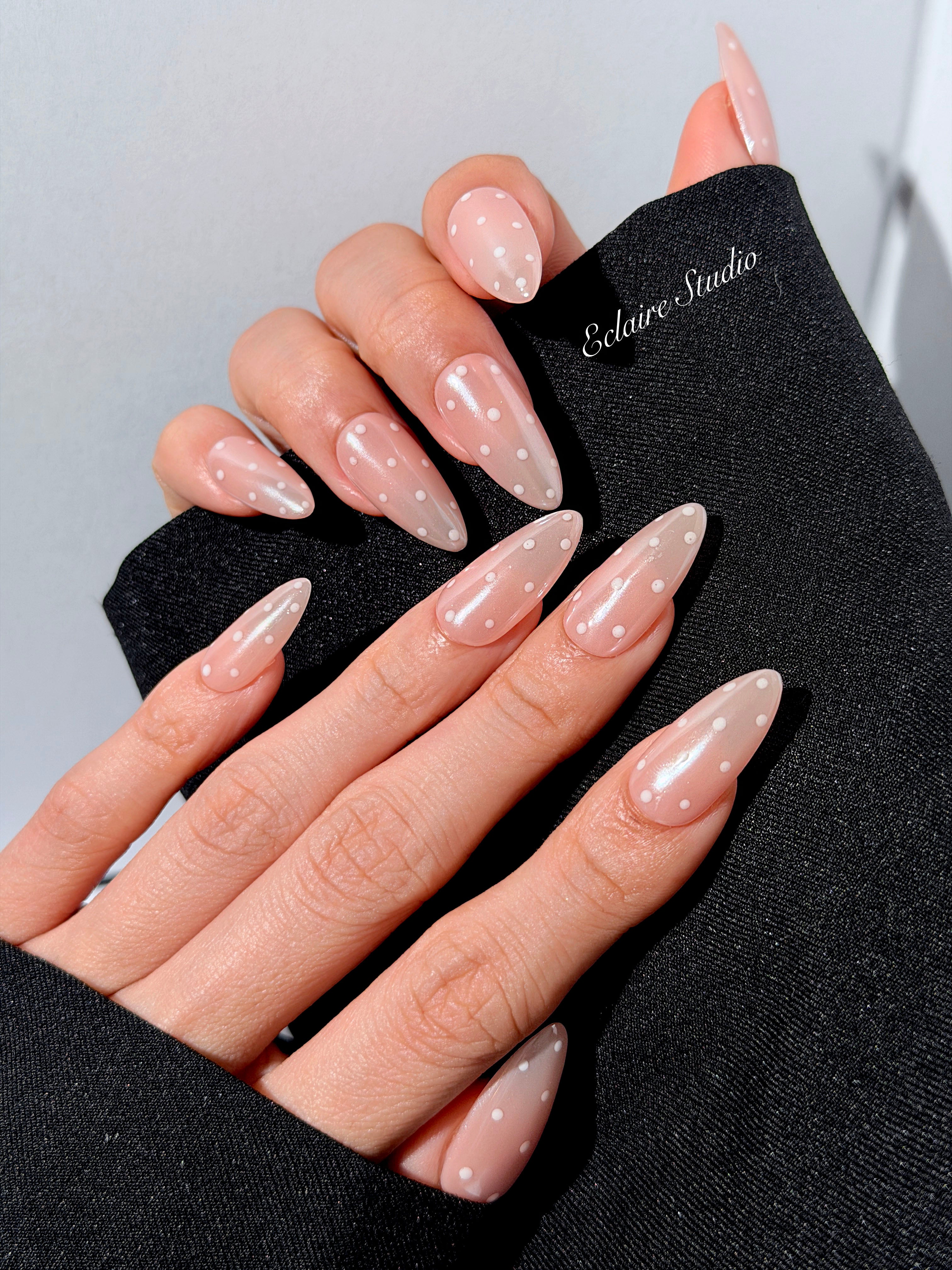 best Minimalist nude chrome almond press on nails with white dot detailing inspired