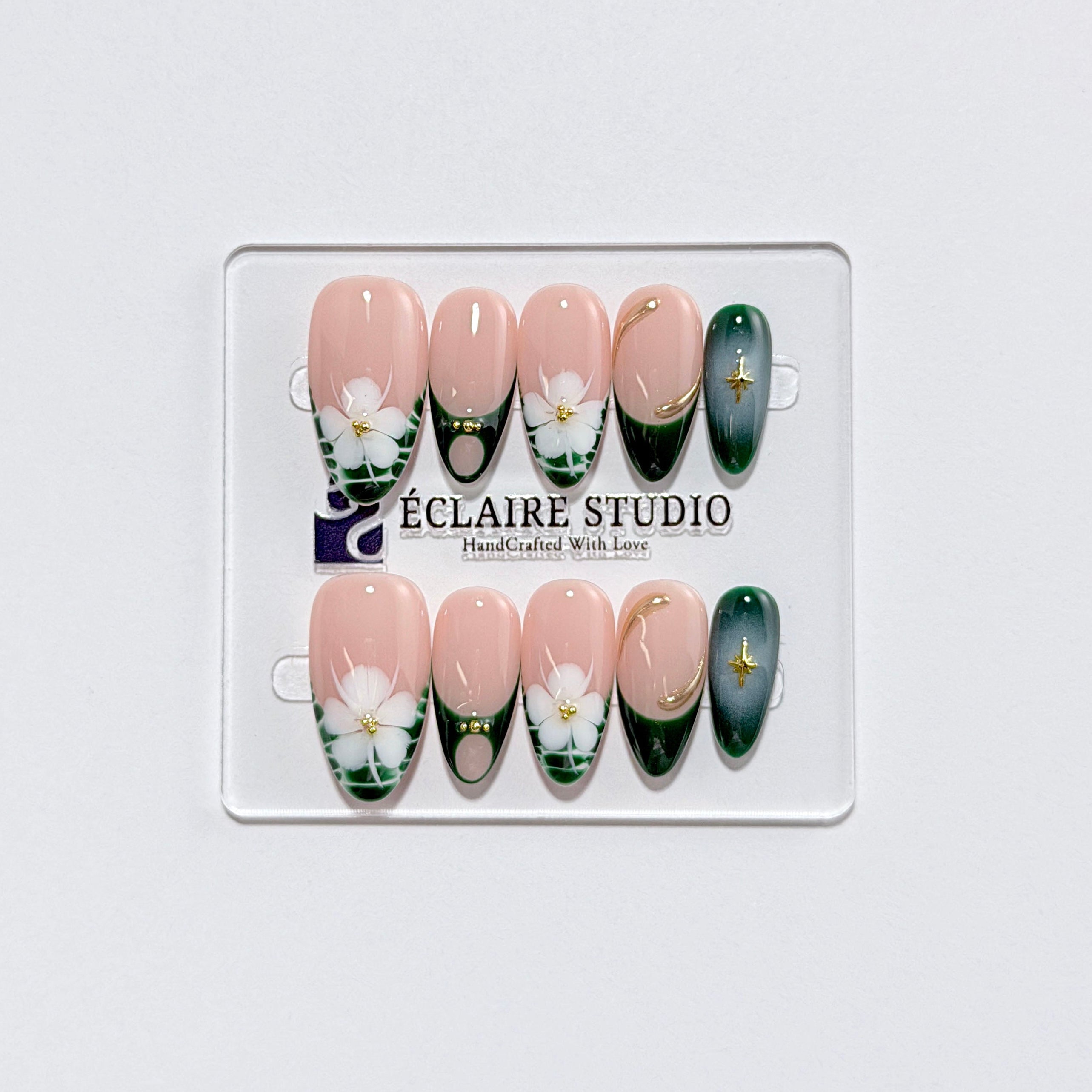 Jasmine rosy nude press-on nails with hand-painted jasmine blooms and gold accents – Éclaire Studio