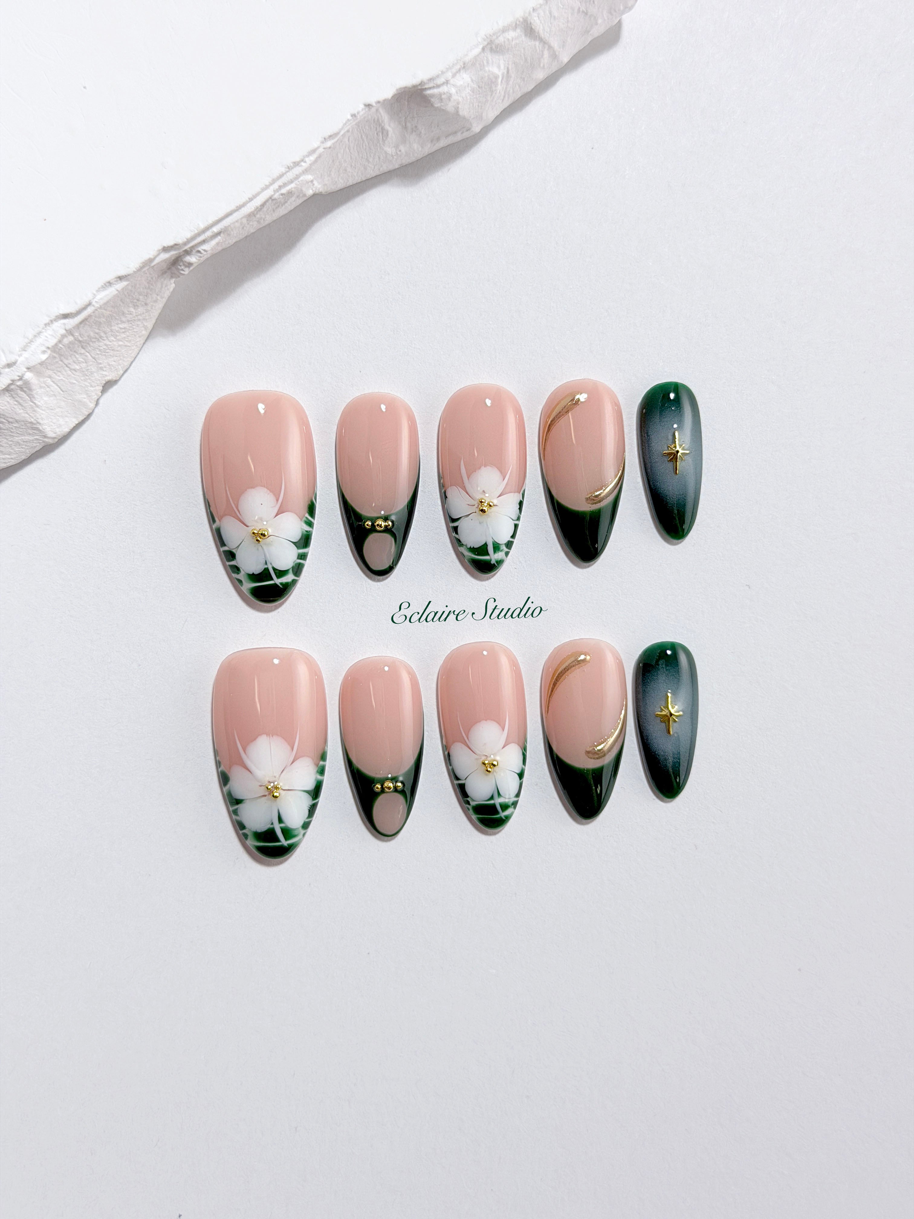 Jasmine rosy nude press-on nails with hand-painted jasmine blooms and gold accents – Éclaire Studio