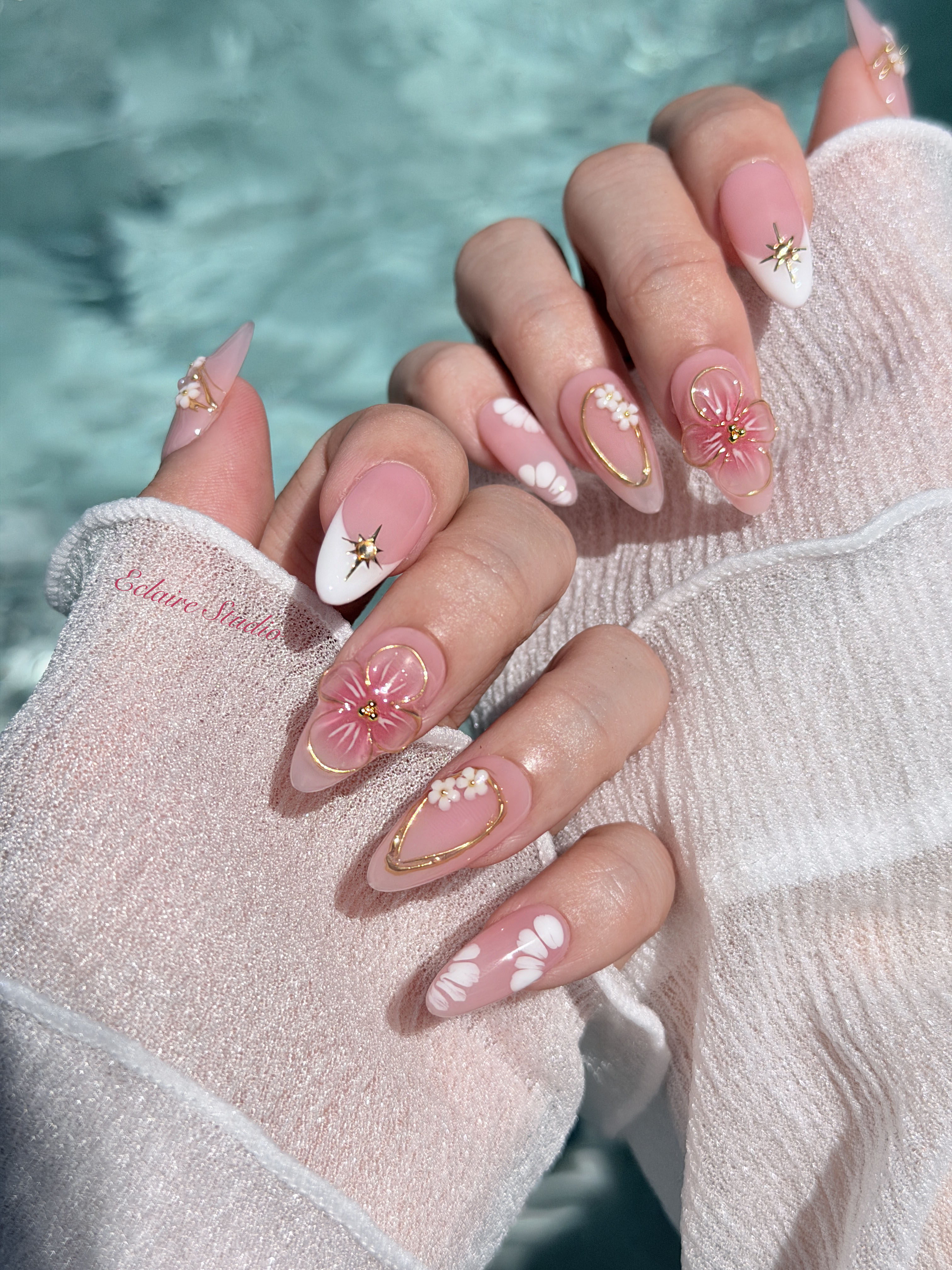 Rose Doré milky pink press-on nails with sculpted gold-traced 3D rose and pearls – Éclaire Studio