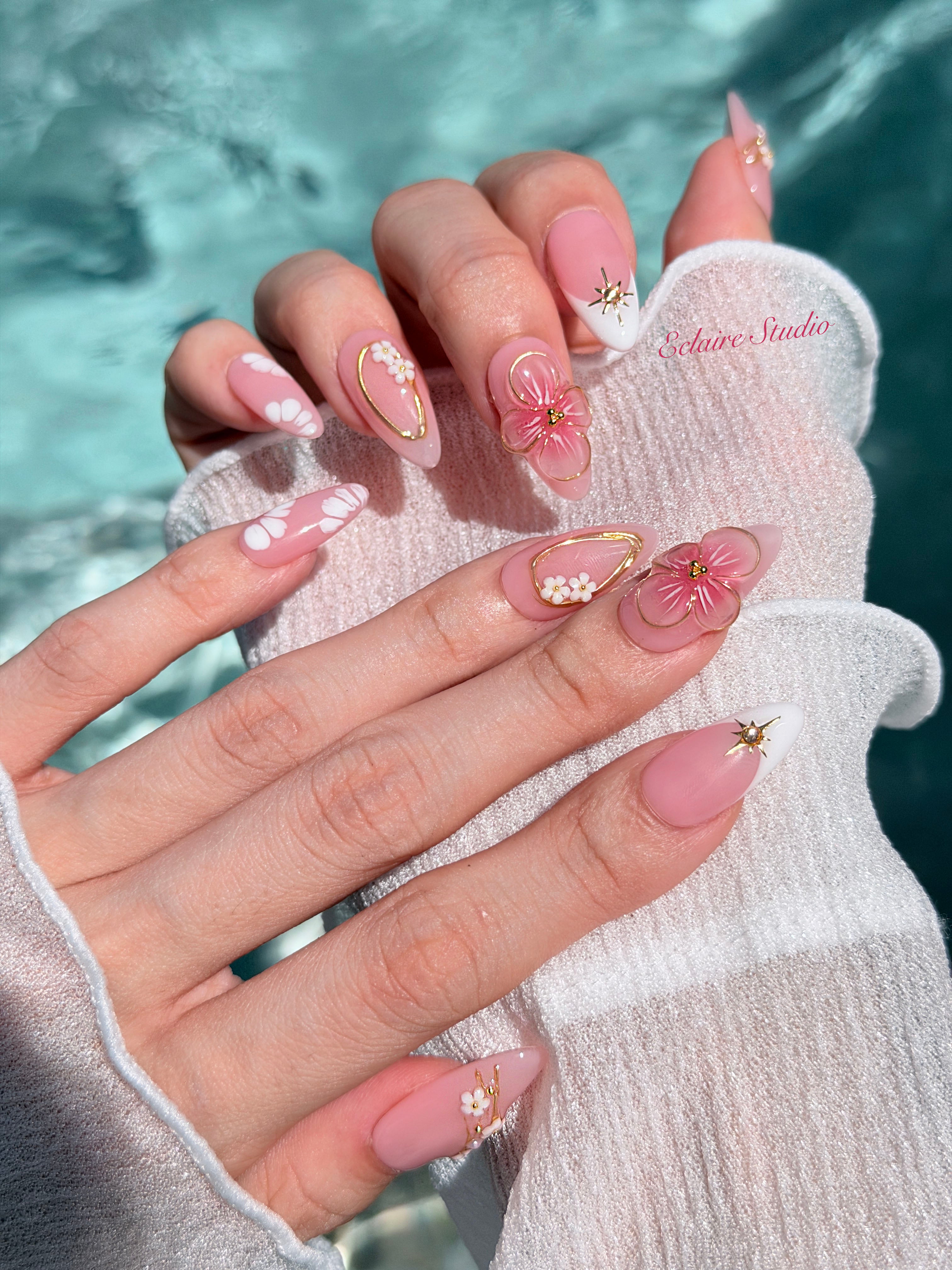 Rose Doré milky pink press-on nails with sculpted gold-traced 3D rose and pearls – Éclaire Studio