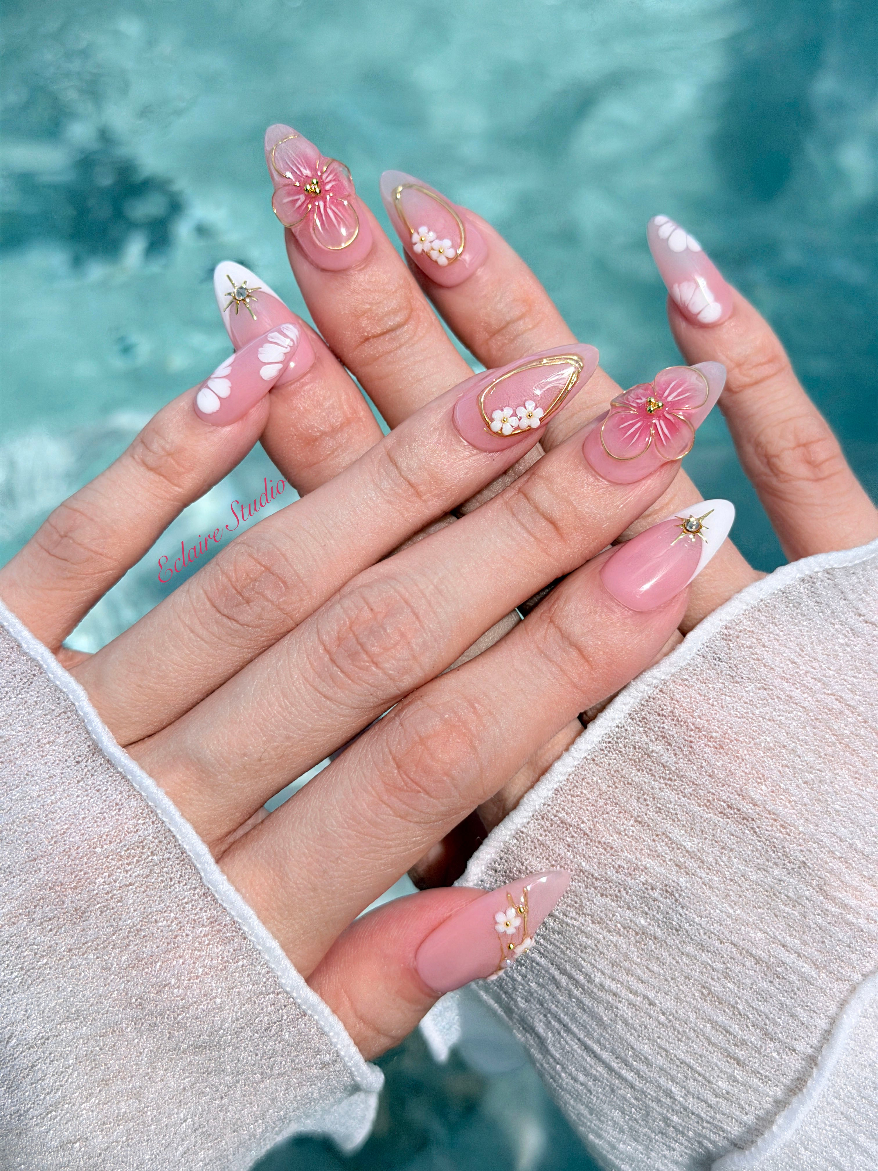 Rose Doré milky pink press-on nails with sculpted gold-traced 3D rose and pearls – Éclaire Studio