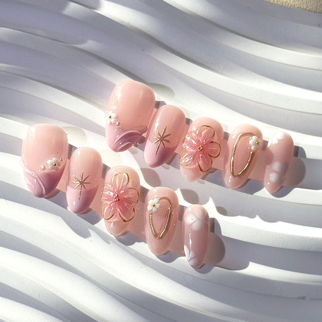 Petal Kiss nude-pink press-on nails with hand-sculpted 3D floral embellishments – Éclaire Studio