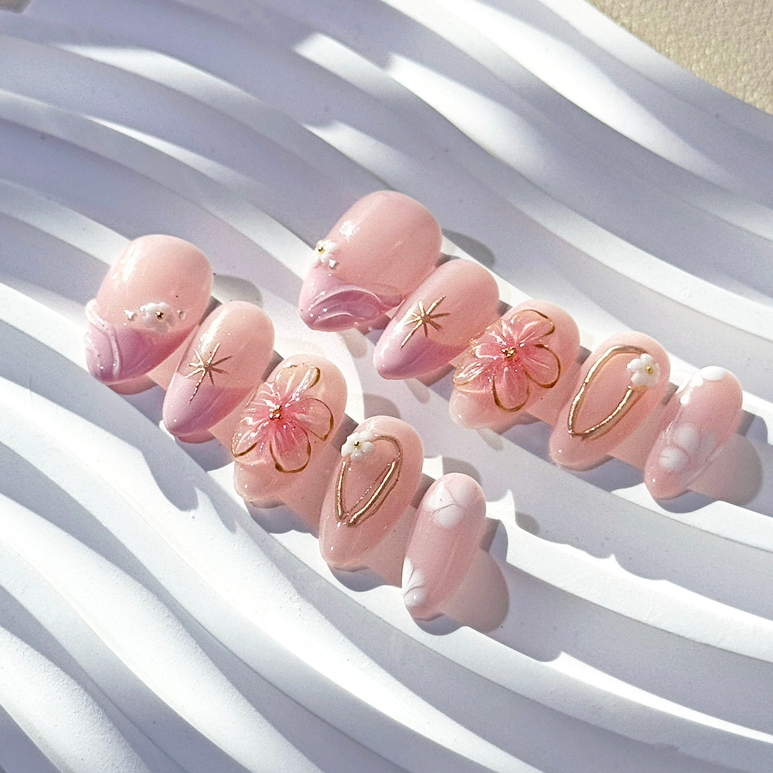 Petal Kiss nude-pink press-on nails with hand-sculpted 3D floral embellishments – Éclaire Studio