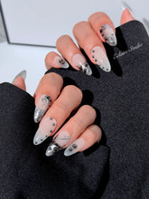 oid Signal press-on nails — a black and grey smoky marble nail design with cyber-inspired line art and glossy onyx studs. Handmade high-fashion nails by Éclaire Nail Studio.”