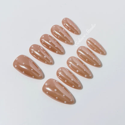 best Minimalist nude chrome almond press on nails with white dot detailing inspired
