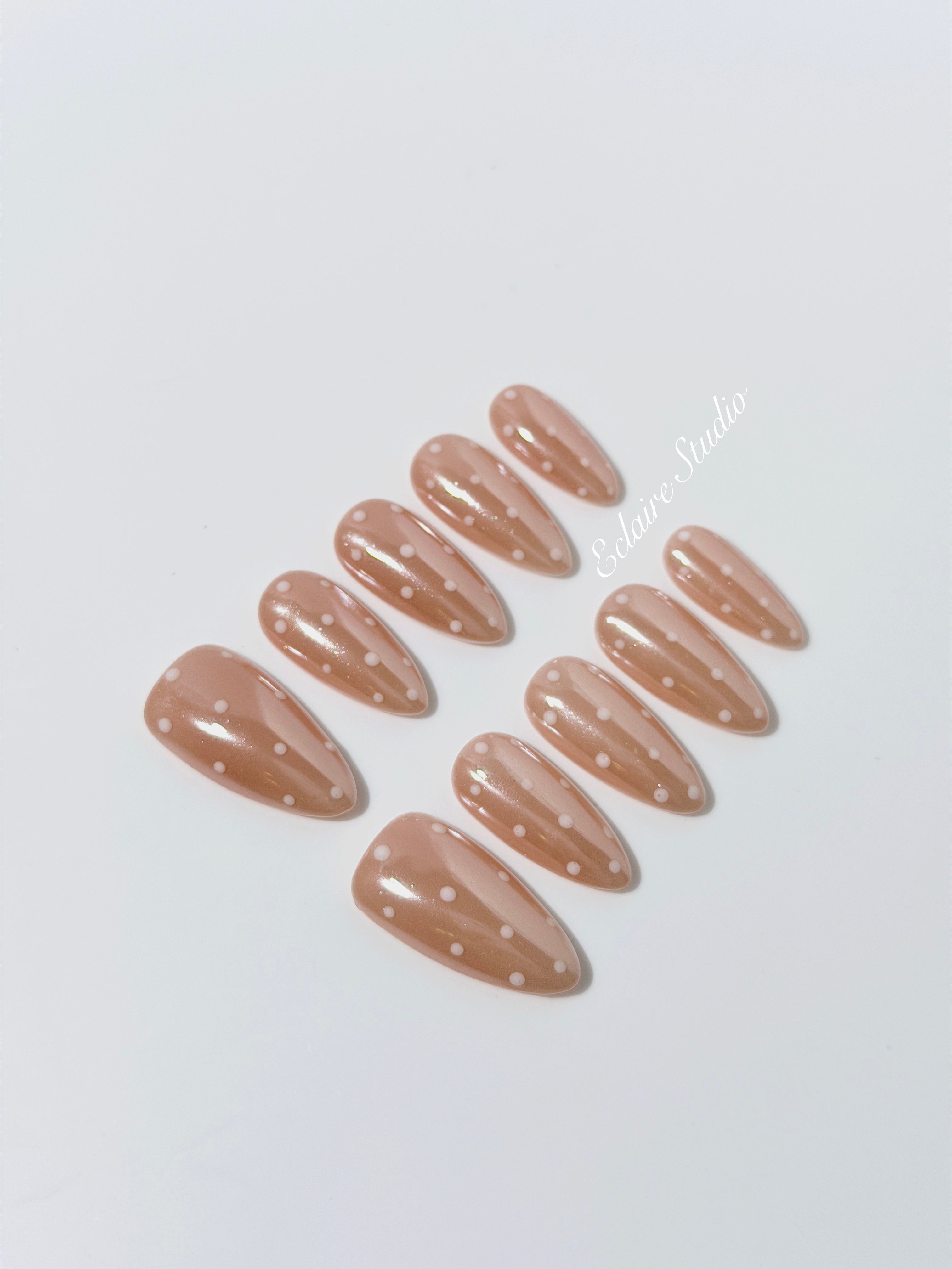 best Minimalist nude chrome almond press on nails with white dot detailing inspired