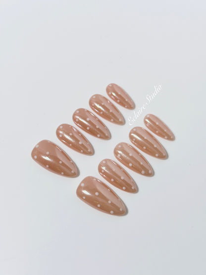 best Minimalist nude chrome almond press on nails with white dot detailing inspired