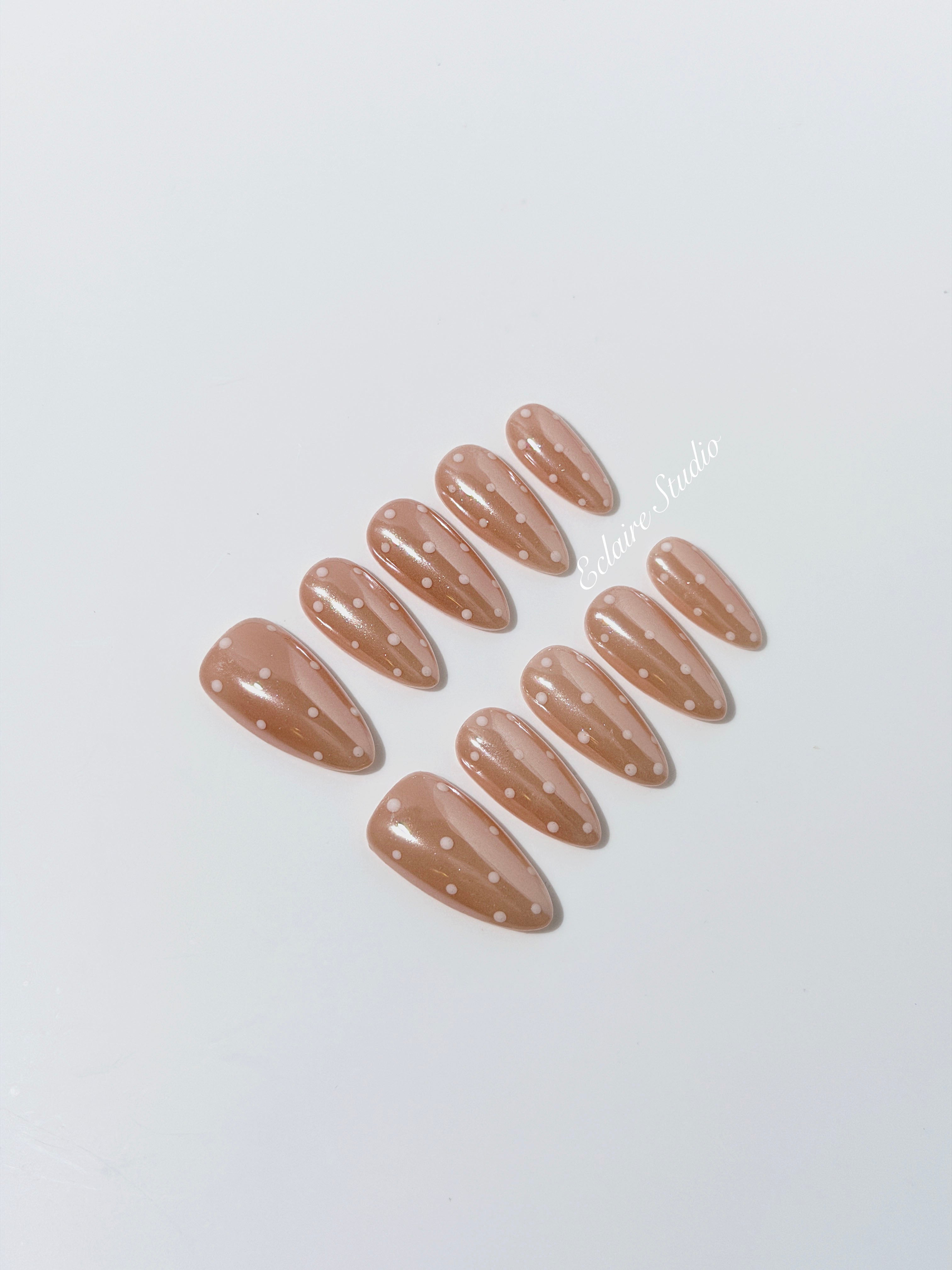 best Minimalist nude chrome almond press on nails with white dot detailing inspired