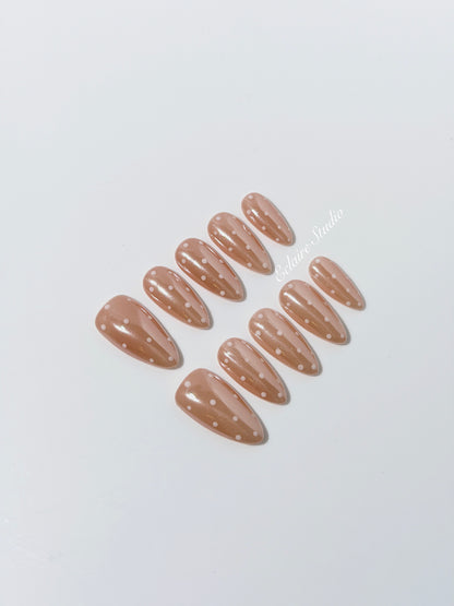 best Minimalist nude chrome almond press on nails with white dot detailing inspired