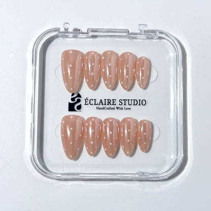 best Minimalist nude chrome almond press on nails with white dot detailing inspired