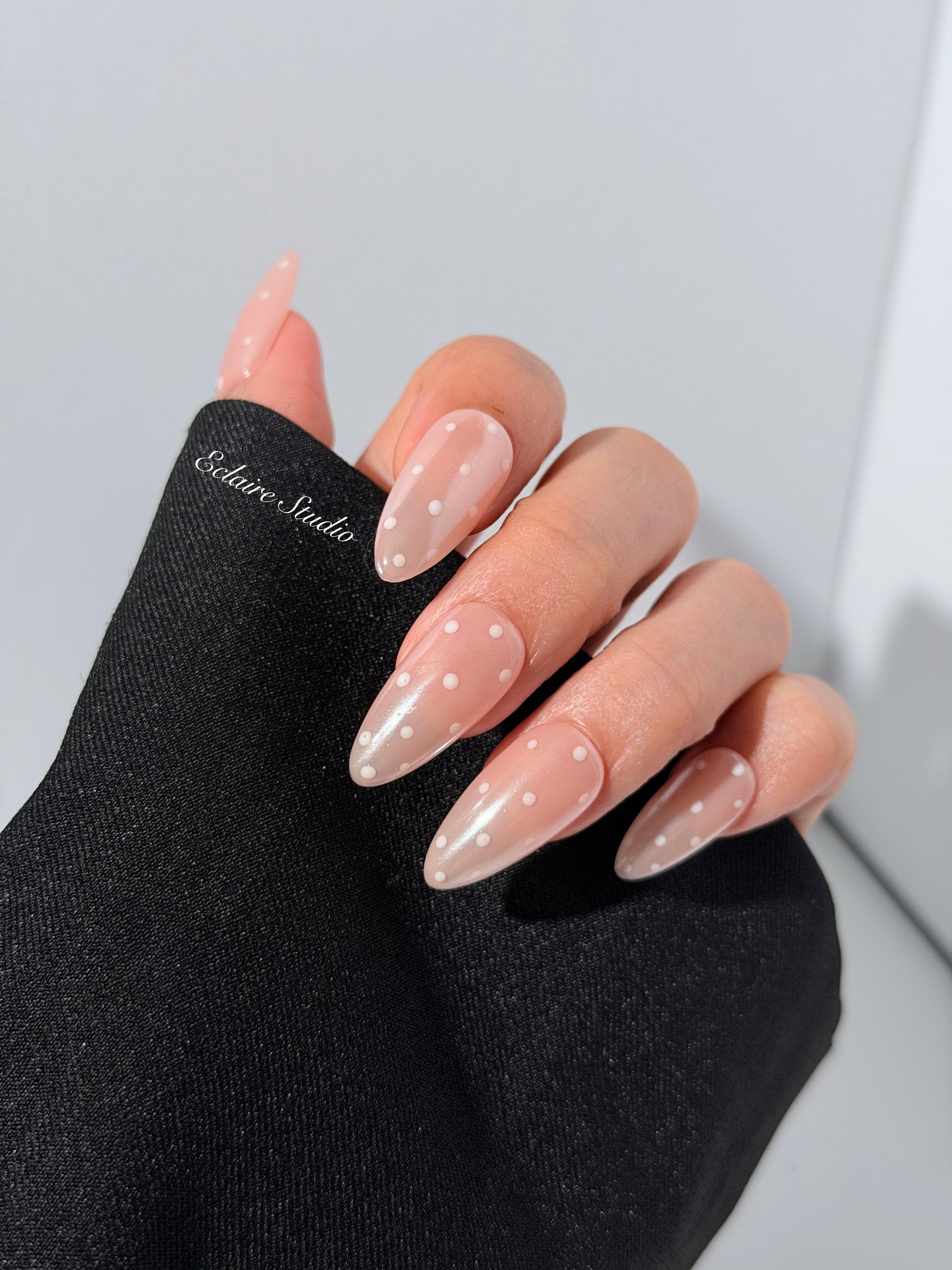 best Minimalist nude chrome almond press on nails with white dot detailing inspired