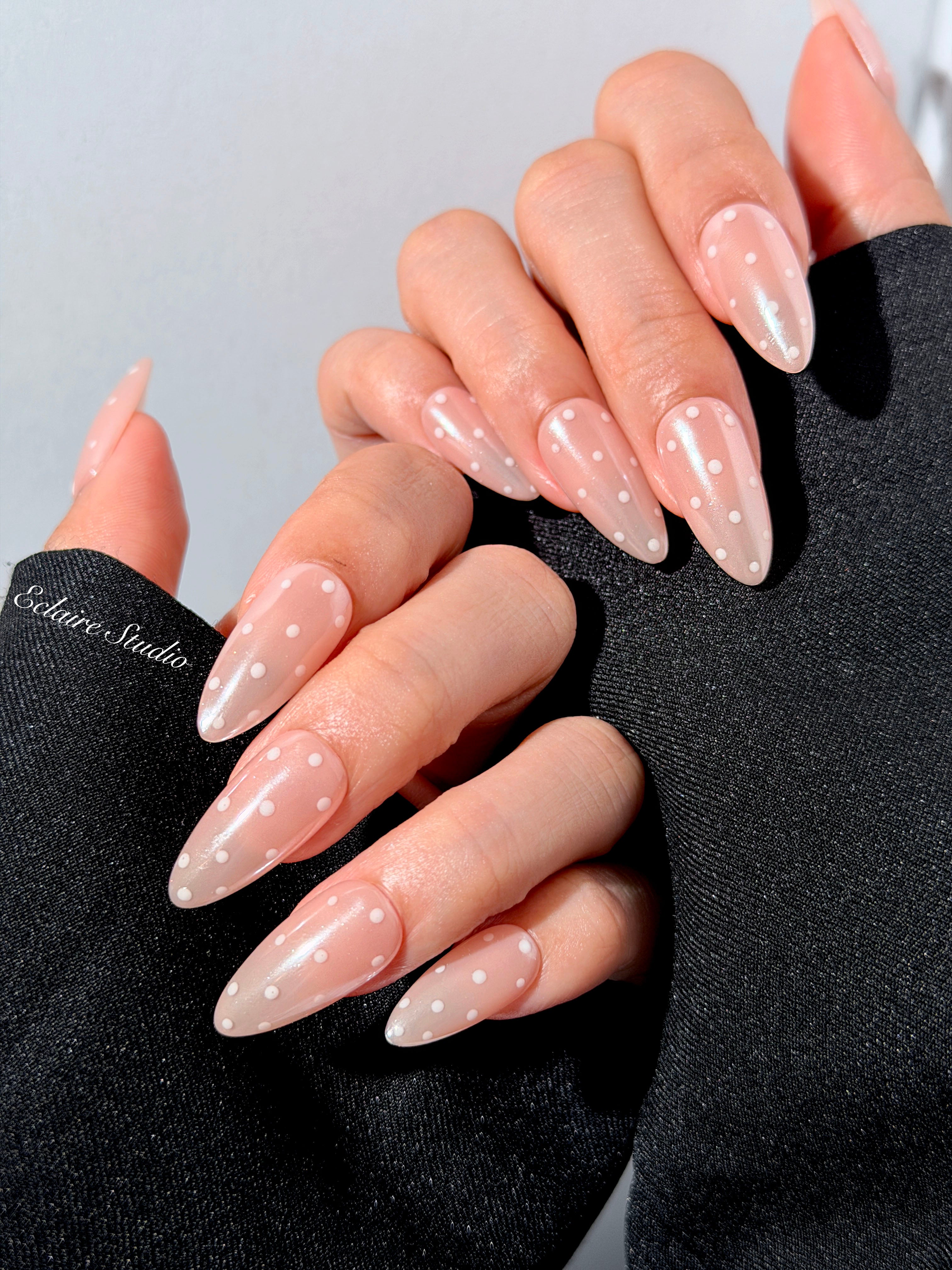 best Minimalist nude chrome almond press on nails with white dot detailing inspired