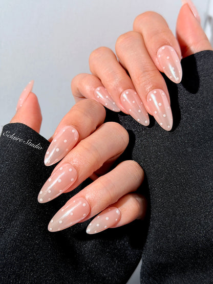 best Minimalist nude chrome almond press on nails with white dot detailing inspired
