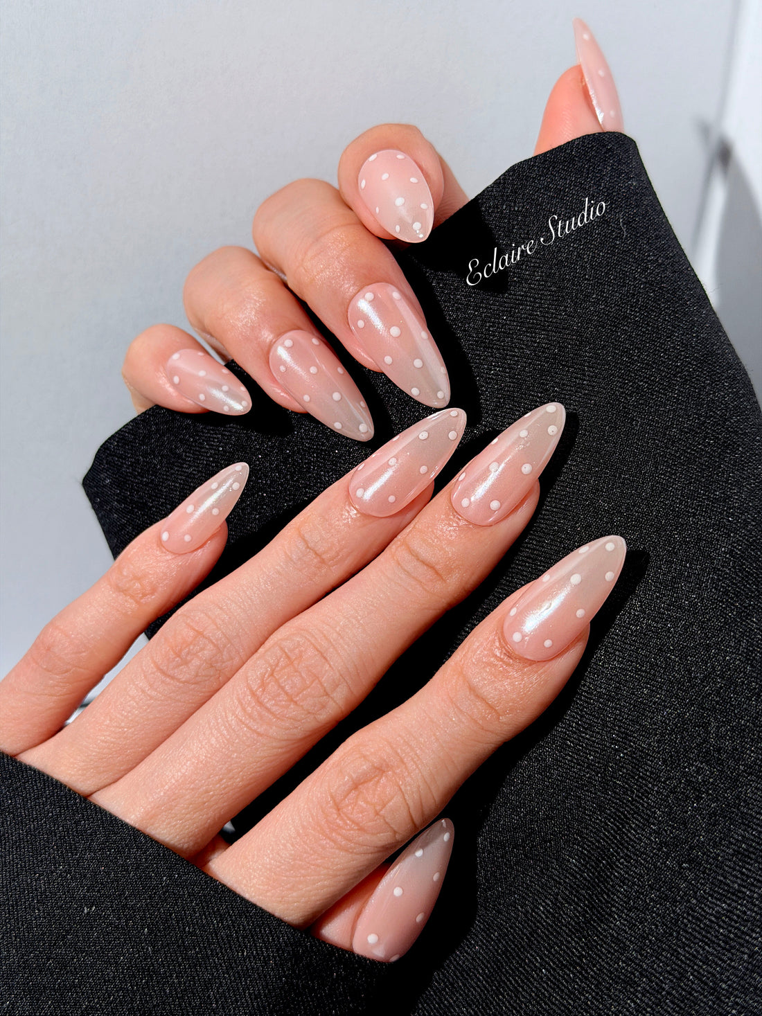 best Minimalist nude chrome almond press on nails with white dot detailing inspired