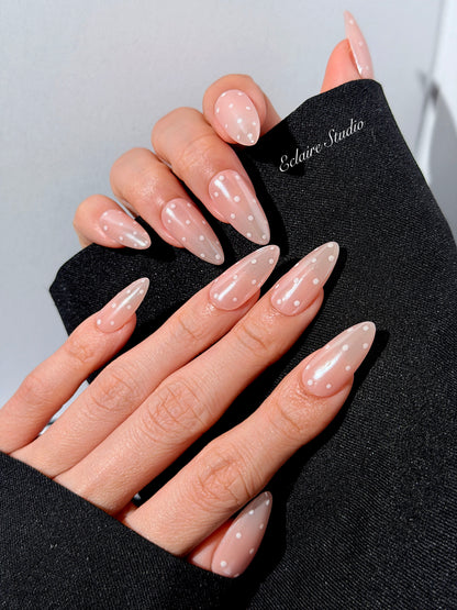 best Minimalist nude chrome almond press on nails with white dot detailing inspired