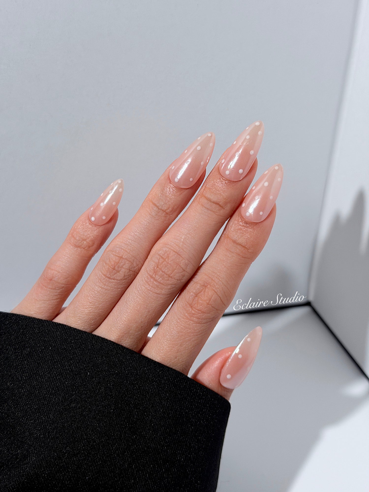best Minimalist nude chrome almond press on nails with white dot detailing inspired