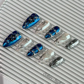 Set of blue and silver handmade press on nails from eclaire studio