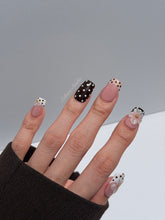 Eclaire Nail Studio 3D Floral Polka dot pink base with alternating black and white polka dot French tips, and hand-sculpted 3D frosted white flowers with gold bead centers, Medium Square
