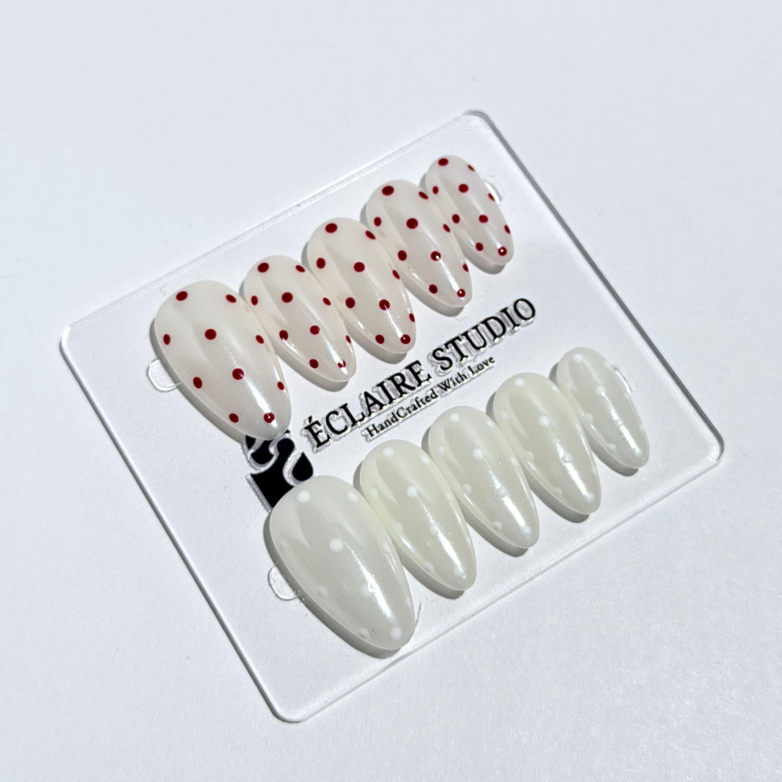 Spritz glazed pearlescent press-on nails with hand-placed polka dots – Éclaire Studio