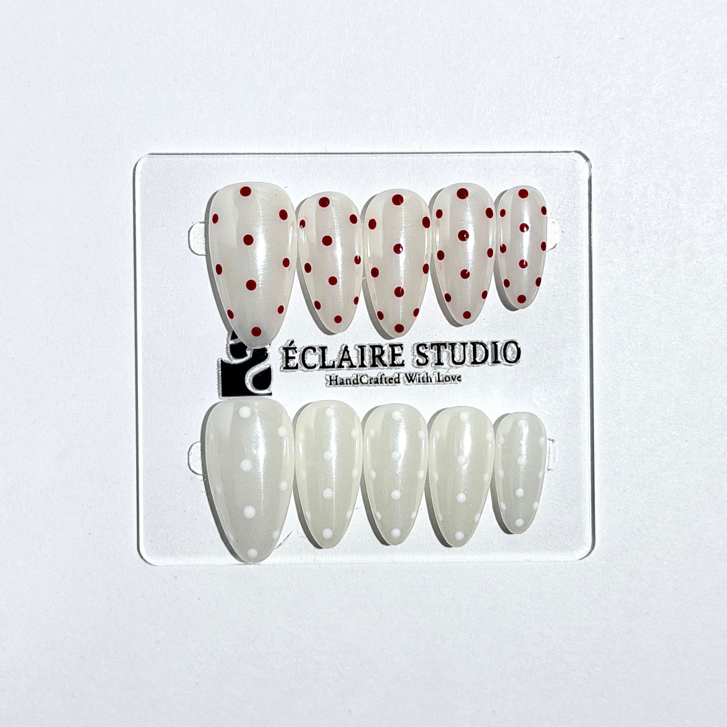 Spritz glazed pearlescent press-on nails with hand-placed polka dots – Éclaire Studio