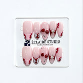 Cherry Kiss pink French press-on nails with wine florals, glossy 3D cherries and silver charms – Éclaire Studio
