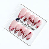 Cherry Kiss pink French press-on nails with wine florals, glossy 3D cherries and silver charms – Éclaire Studio
