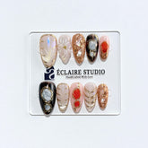 Treasure pearlescent cat-eye press-on nails with gold-bezeled amber, coral, agate and abalone inlays – Éclaire Studio