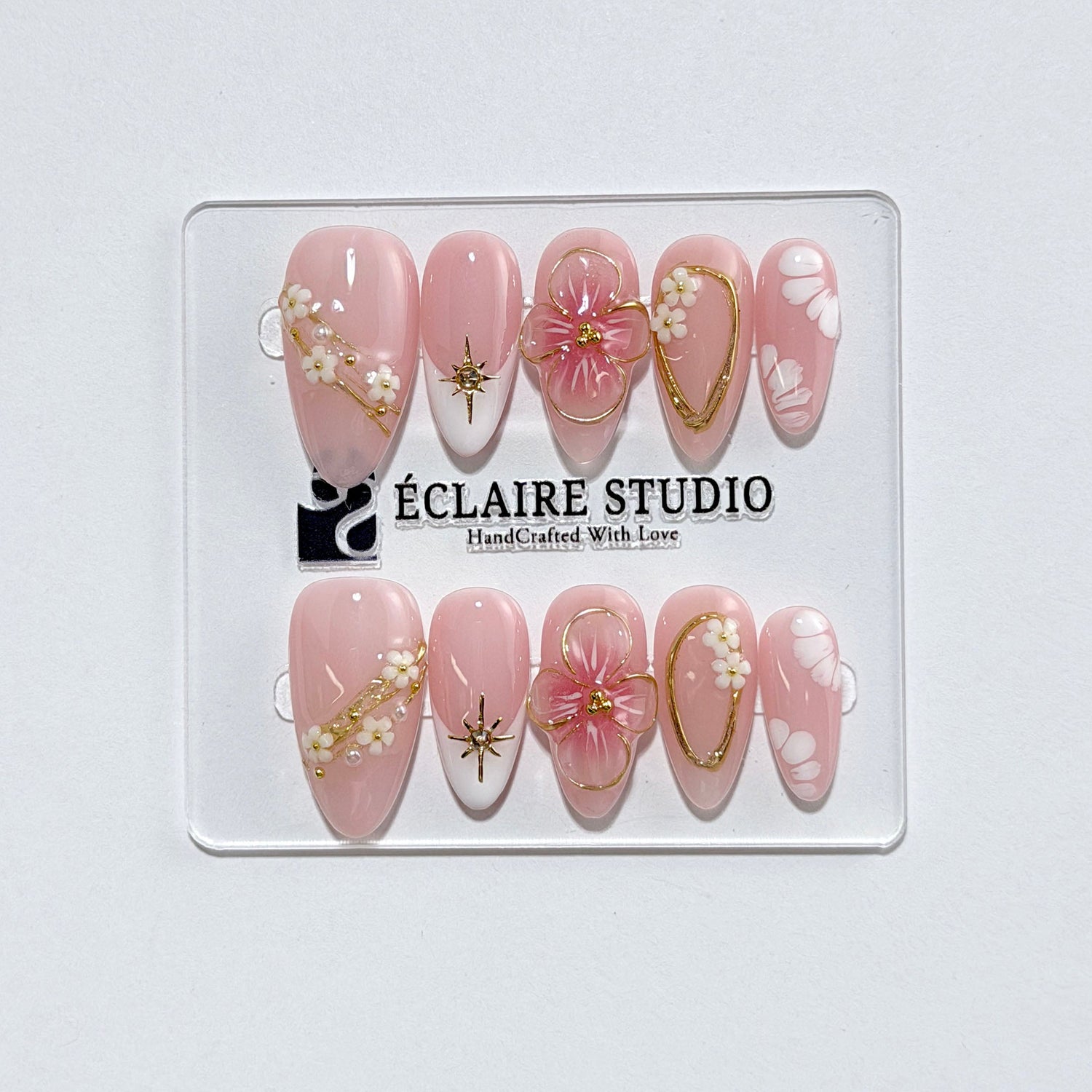 Rose Doré milky pink press-on nails with sculpted gold-traced 3D rose and pearls – Éclaire Studio