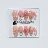 Rose Doré milky pink press-on nails with sculpted gold-traced 3D rose and pearls – Éclaire Studio