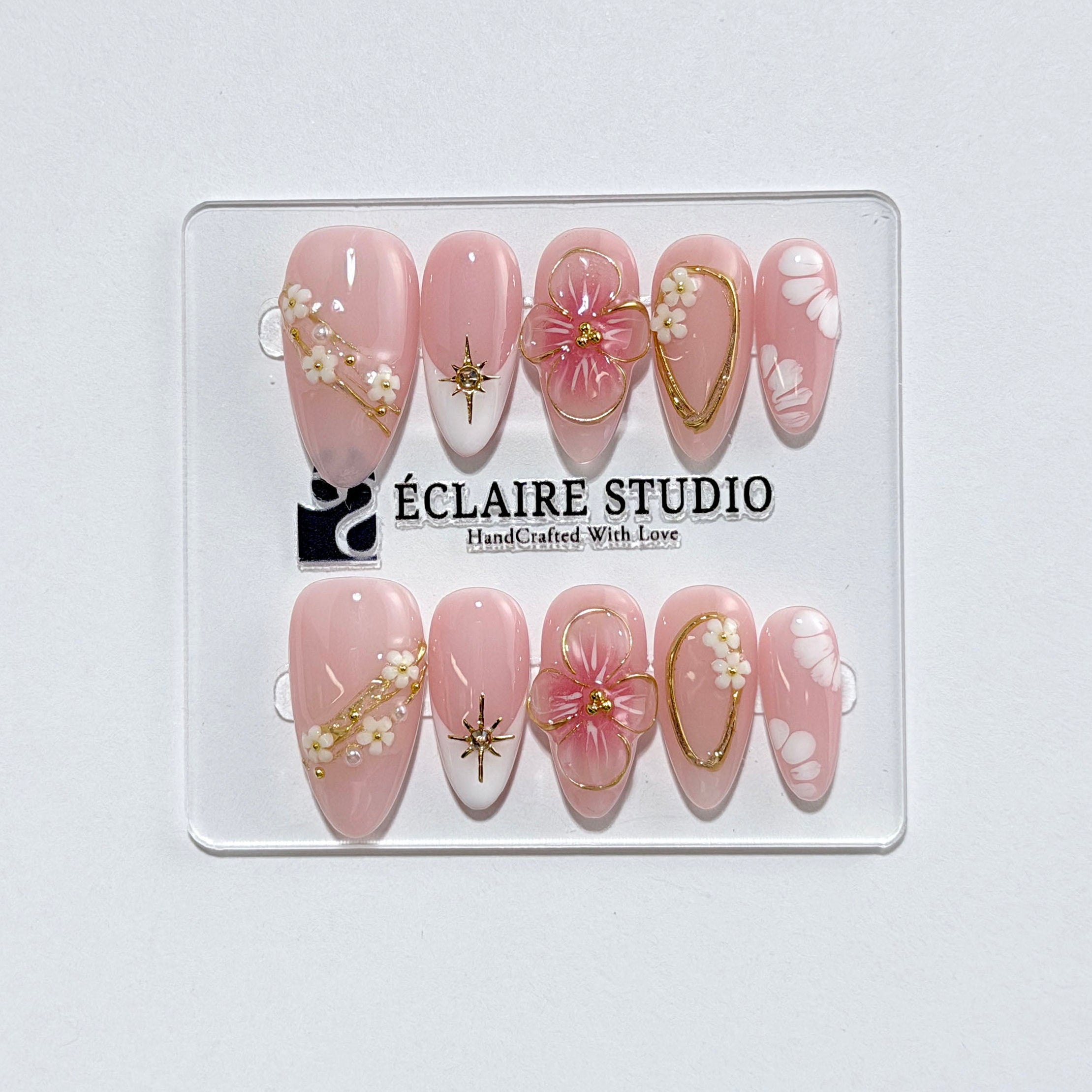 Rose Doré milky pink press-on nails with sculpted gold-traced 3D rose and pearls – Éclaire Studio