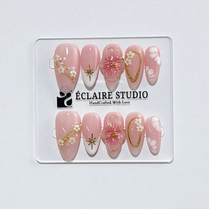 Rose Doré milky pink press-on nails with sculpted gold-traced 3D rose and pearls – Éclaire Studio
