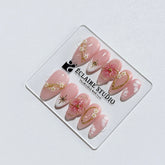 Rose Doré milky pink press-on nails with sculpted gold-traced 3D rose and pearls – Éclaire Studio