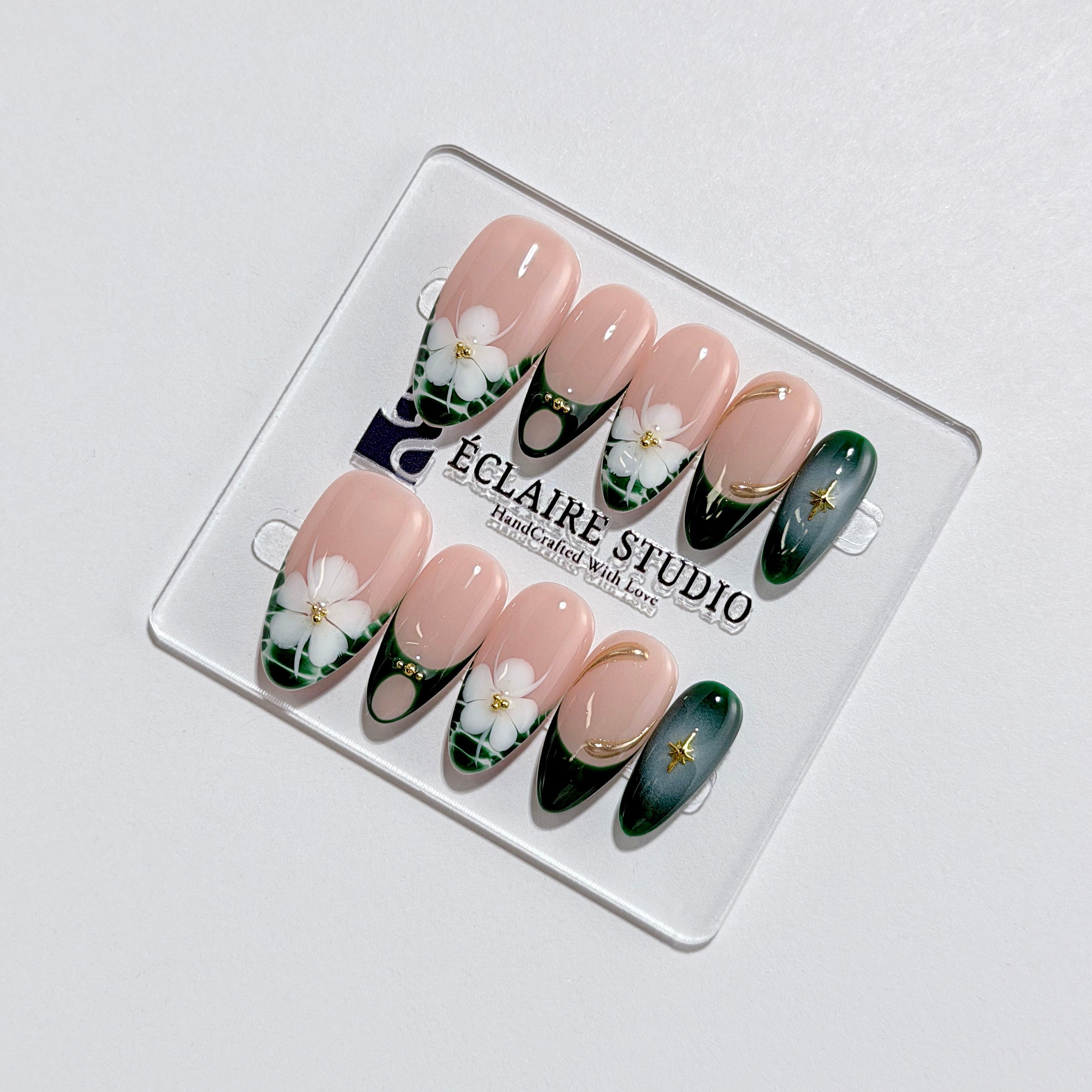 Jasmine rosy nude press-on nails with hand-painted jasmine blooms and gold accents – Éclaire Studio