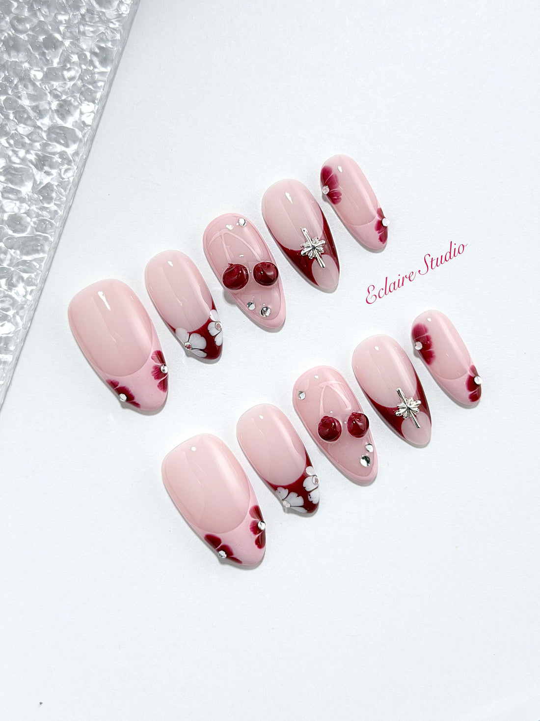 Cherry Kiss pink French press-on nails with wine florals, glossy 3D cherries and silver charms – Éclaire Studio