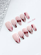 Cherry Kiss pink French press-on nails with wine florals, glossy 3D cherries and silver charms – Éclaire Studio