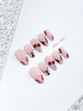 Cherry Kiss pink French press-on nails with wine florals, glossy 3D cherries and silver charms – Éclaire Studio