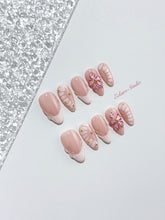 Belle Rose almond press-on nails with milky pink French tips, hand-painted petals and 3D floral accent – Éclaire Studio