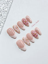 Belle Rose almond press-on nails with milky pink French tips, hand-painted petals and 3D floral accent – Éclaire Studio