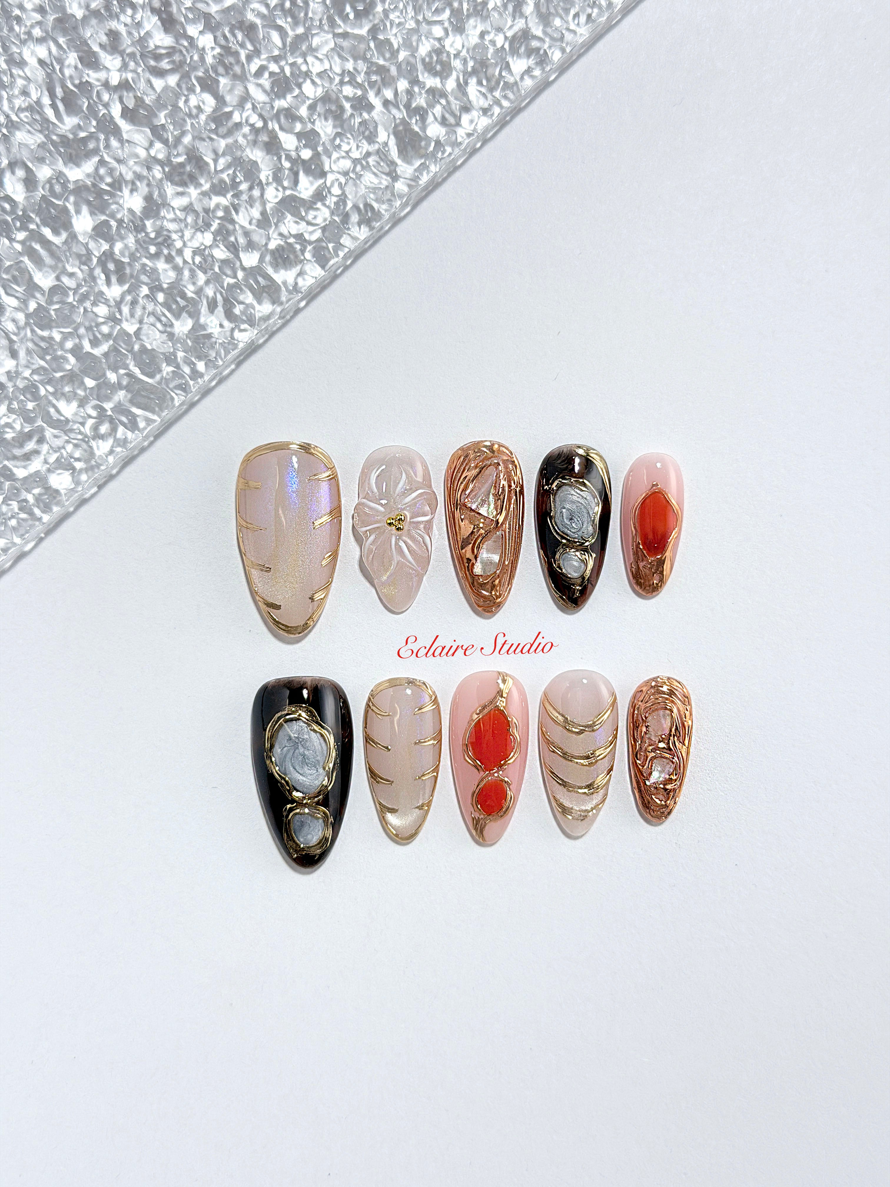 Treasure pearlescent cat-eye press-on nails with gold-bezeled amber, coral, agate and abalone inlays – Éclaire Studio