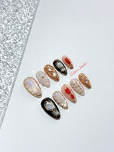 Treasure pearlescent cat-eye press-on nails with gold-bezeled amber, coral, agate and abalone inlays – Éclaire Studio