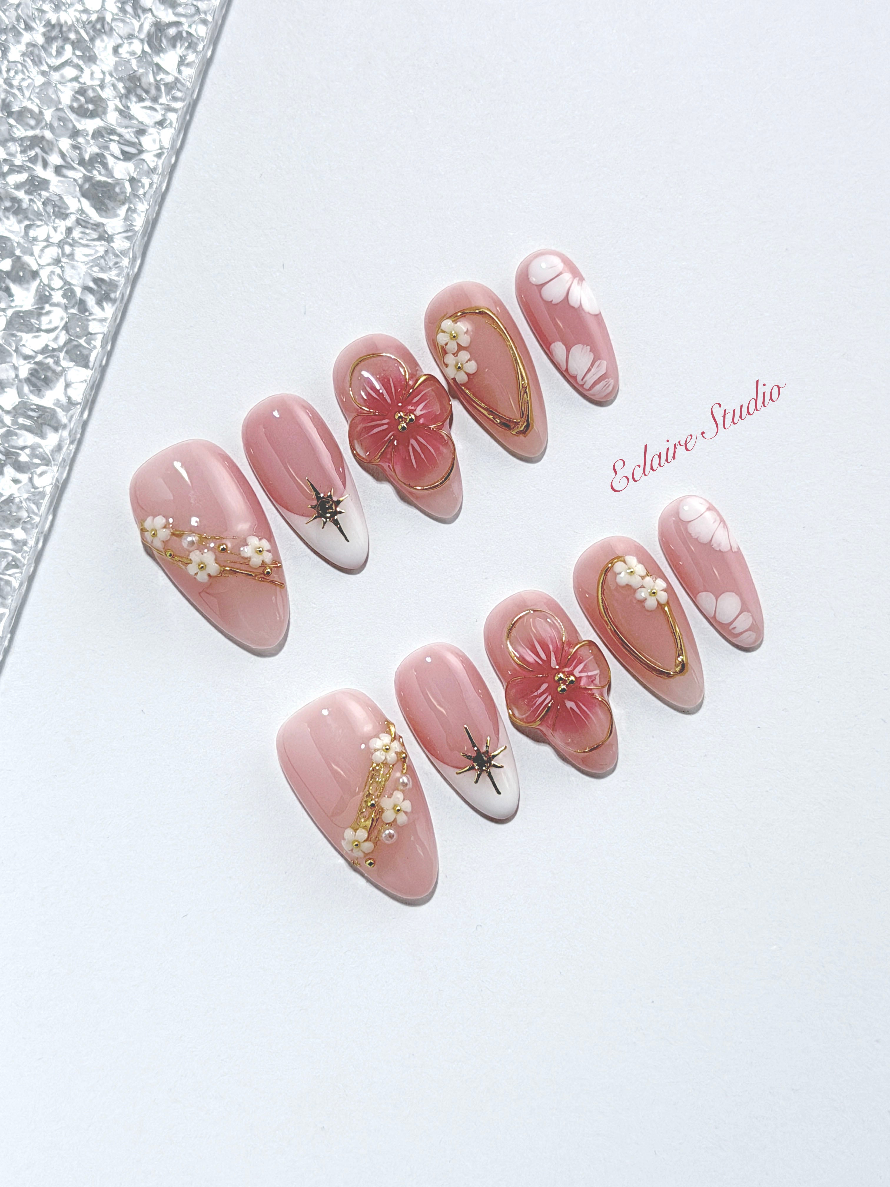 Rose Doré milky pink press-on nails with sculpted gold-traced 3D rose and pearls – Éclaire Studio