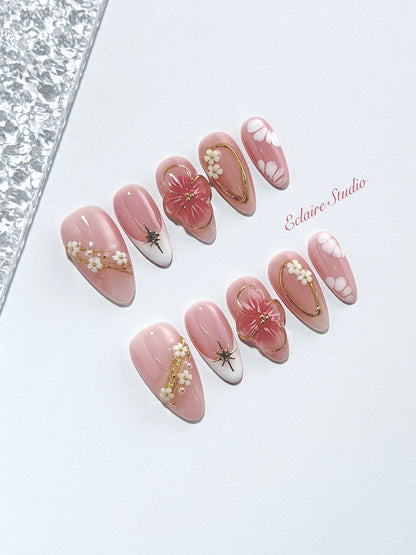 Rose Doré milky pink press-on nails with sculpted gold-traced 3D rose and pearls – Éclaire Studio