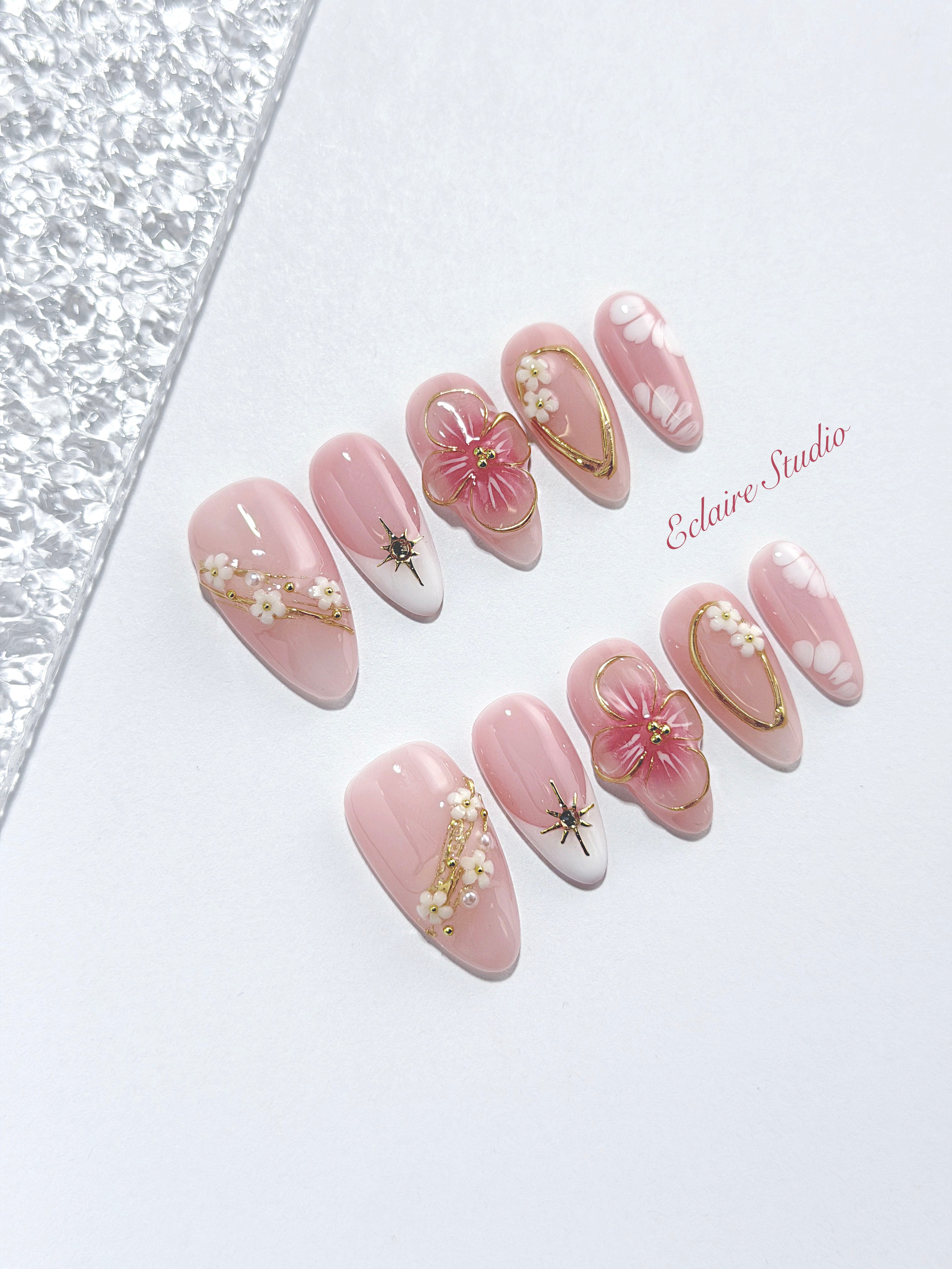 Rose Doré milky pink press-on nails with sculpted gold-traced 3D rose and pearls – Éclaire Studio
