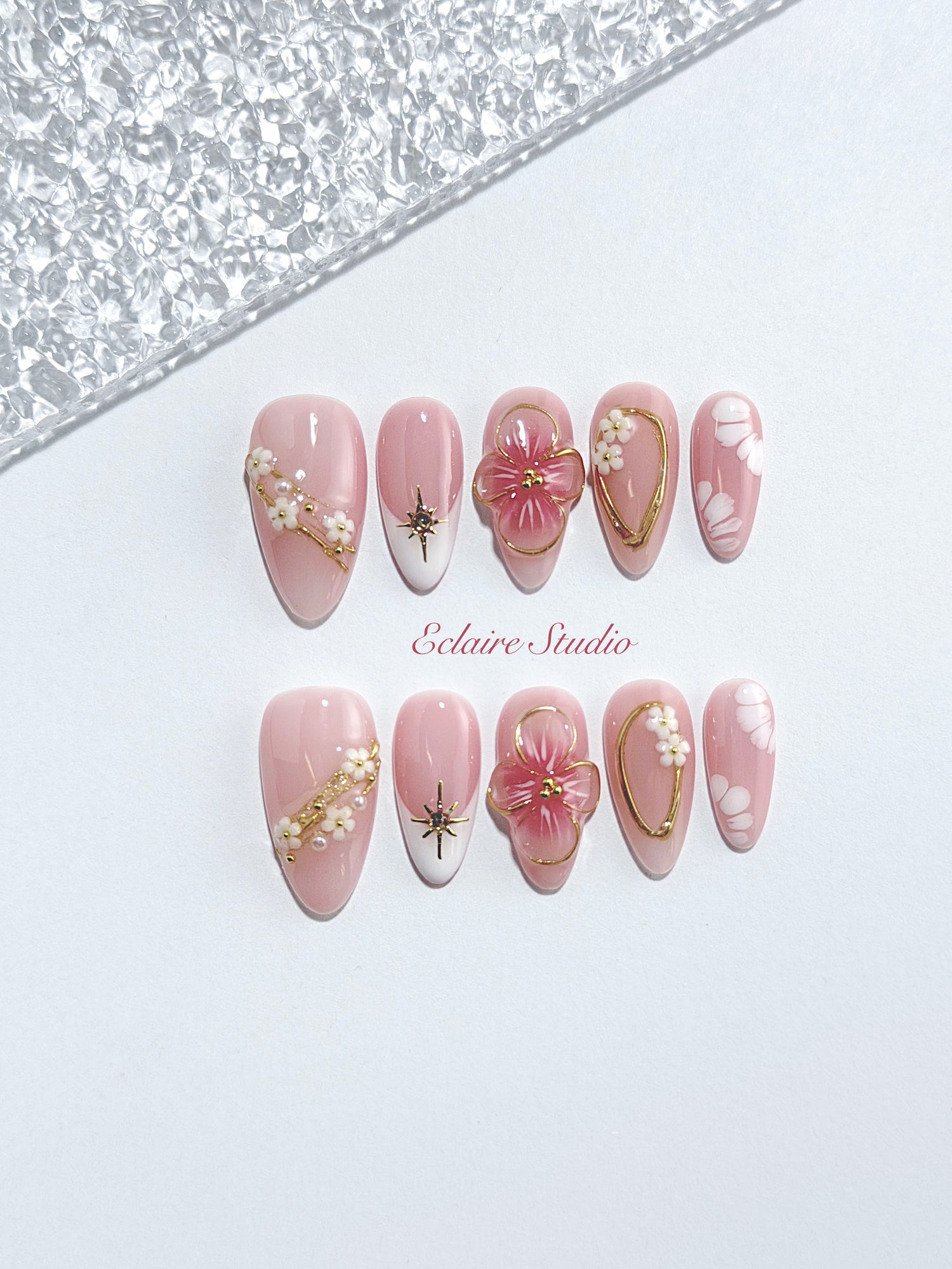 Rose Doré milky pink press-on nails with sculpted gold-traced 3D rose and pearls – Éclaire Studio