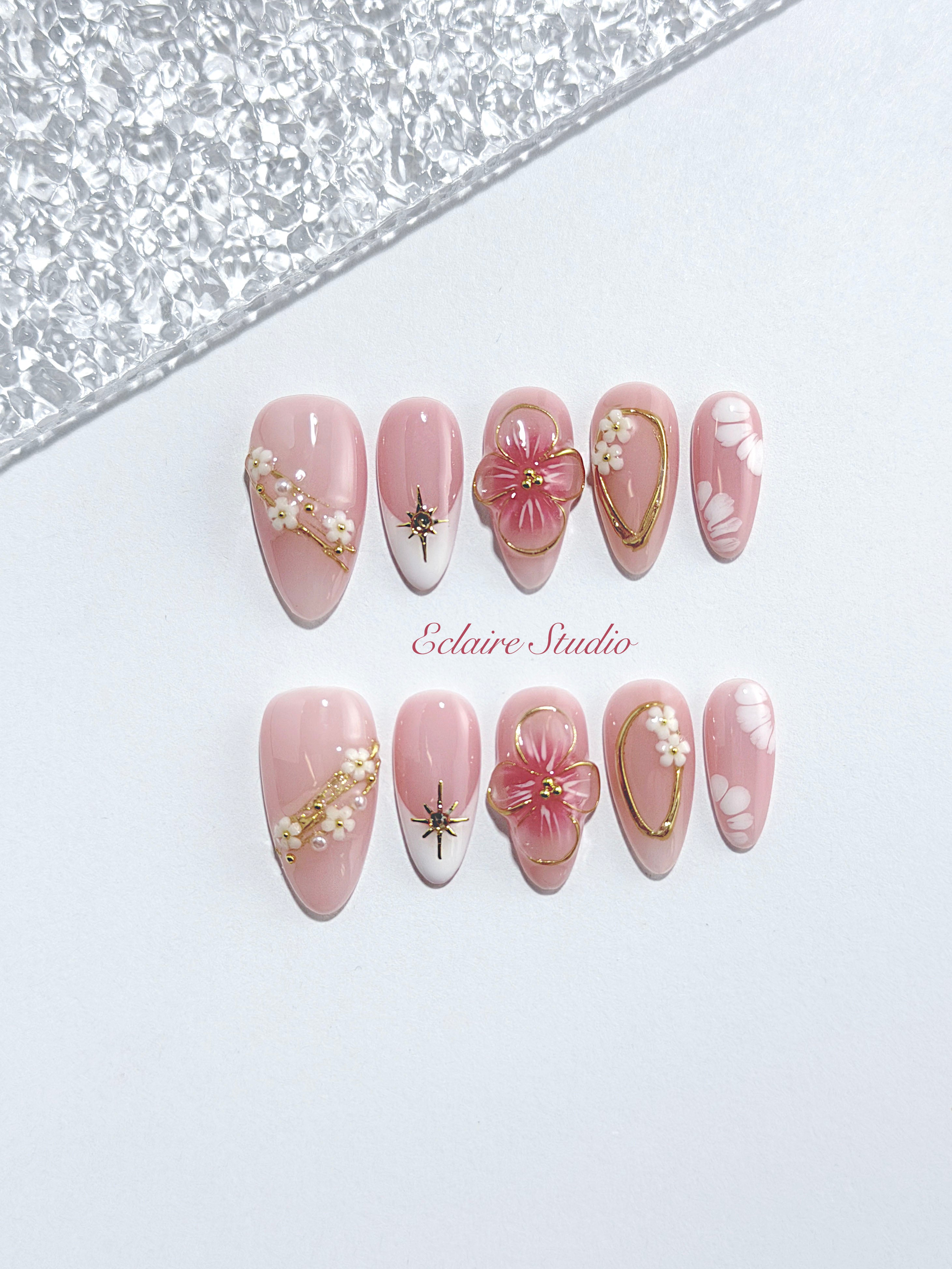 Rose Doré milky pink press-on nails with sculpted gold-traced 3D rose and pearls – Éclaire Studio