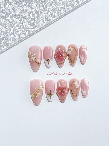 Rose Doré milky pink press-on nails with sculpted gold-traced 3D rose and pearls – Éclaire Studio