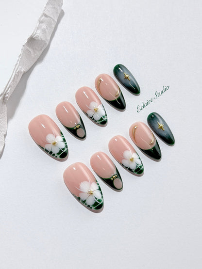 Jasmine rosy nude press-on nails with hand-painted jasmine blooms and gold accents – Éclaire Studio