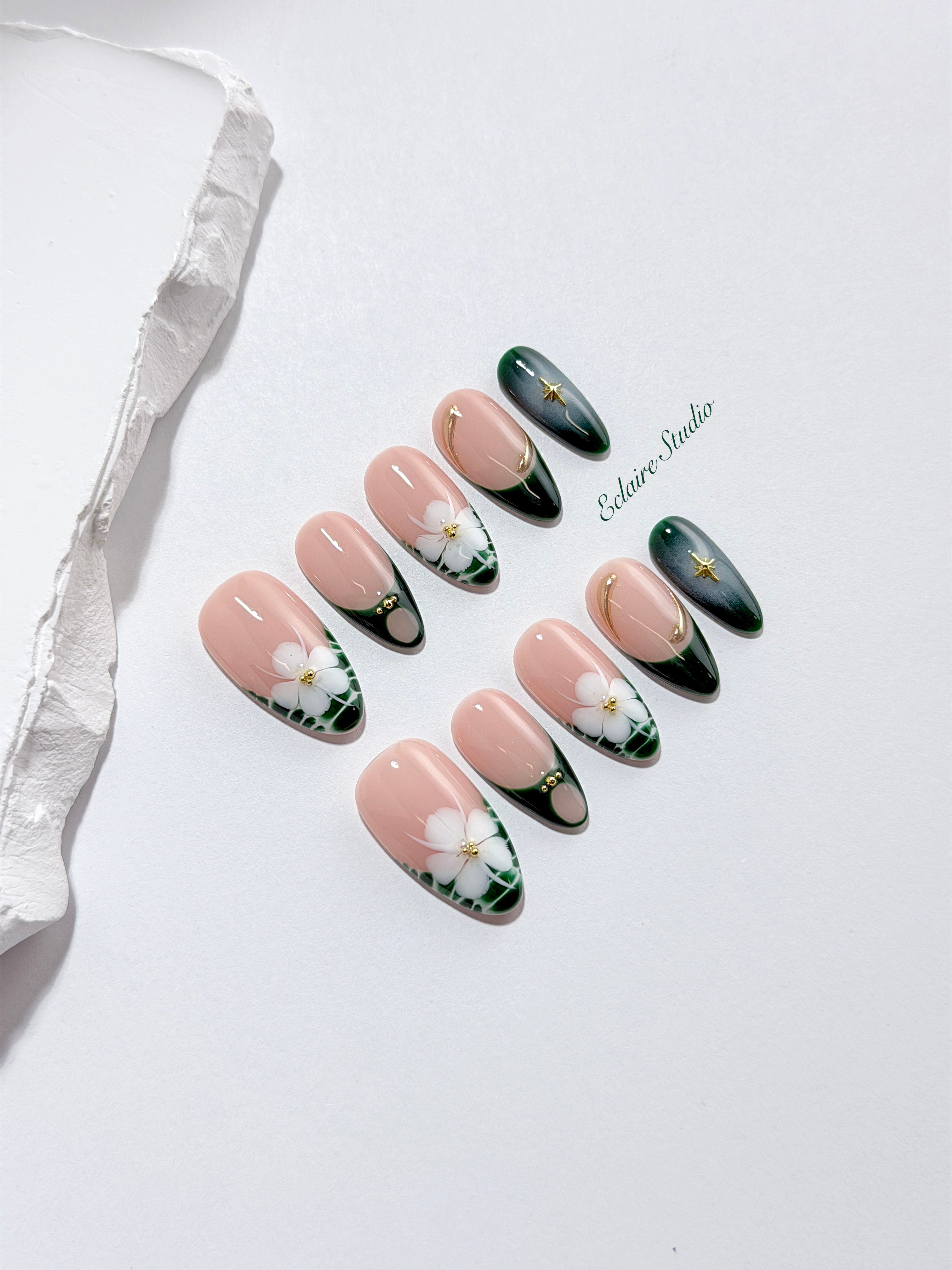 Jasmine rosy nude press-on nails with hand-painted jasmine blooms and gold accents – Éclaire Studio